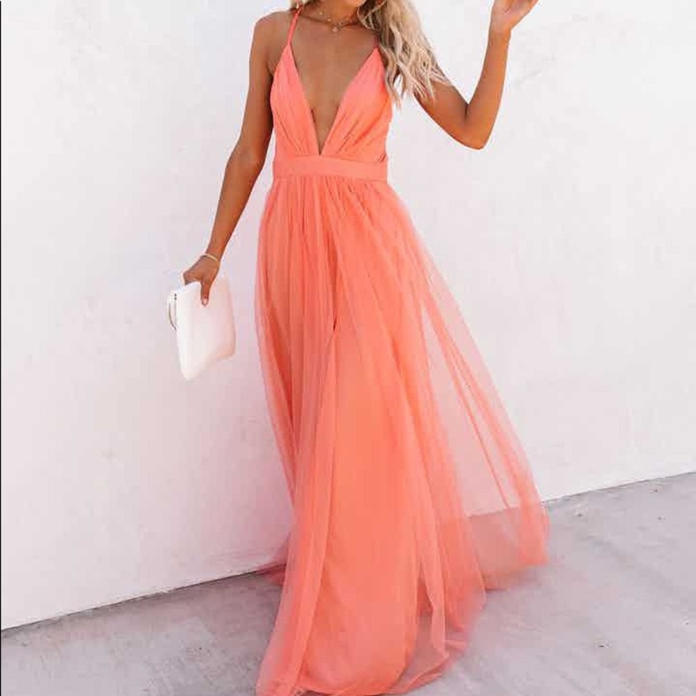Vici Coral Orange Plunging Maxi Dress
